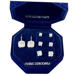 NEW Cubic Zirconia Square DANGLE DROP & STUD EARRINGS Silver Plate CZ 4 Pair